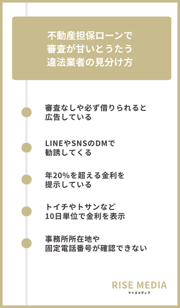 大見出し直下画像 不動産担保ローンで審査が甘いとうたう違法業者の見分け方